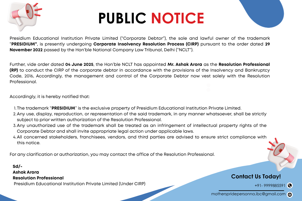 Public notice: Presidium Educational Institution Private Limited (under CIRP)