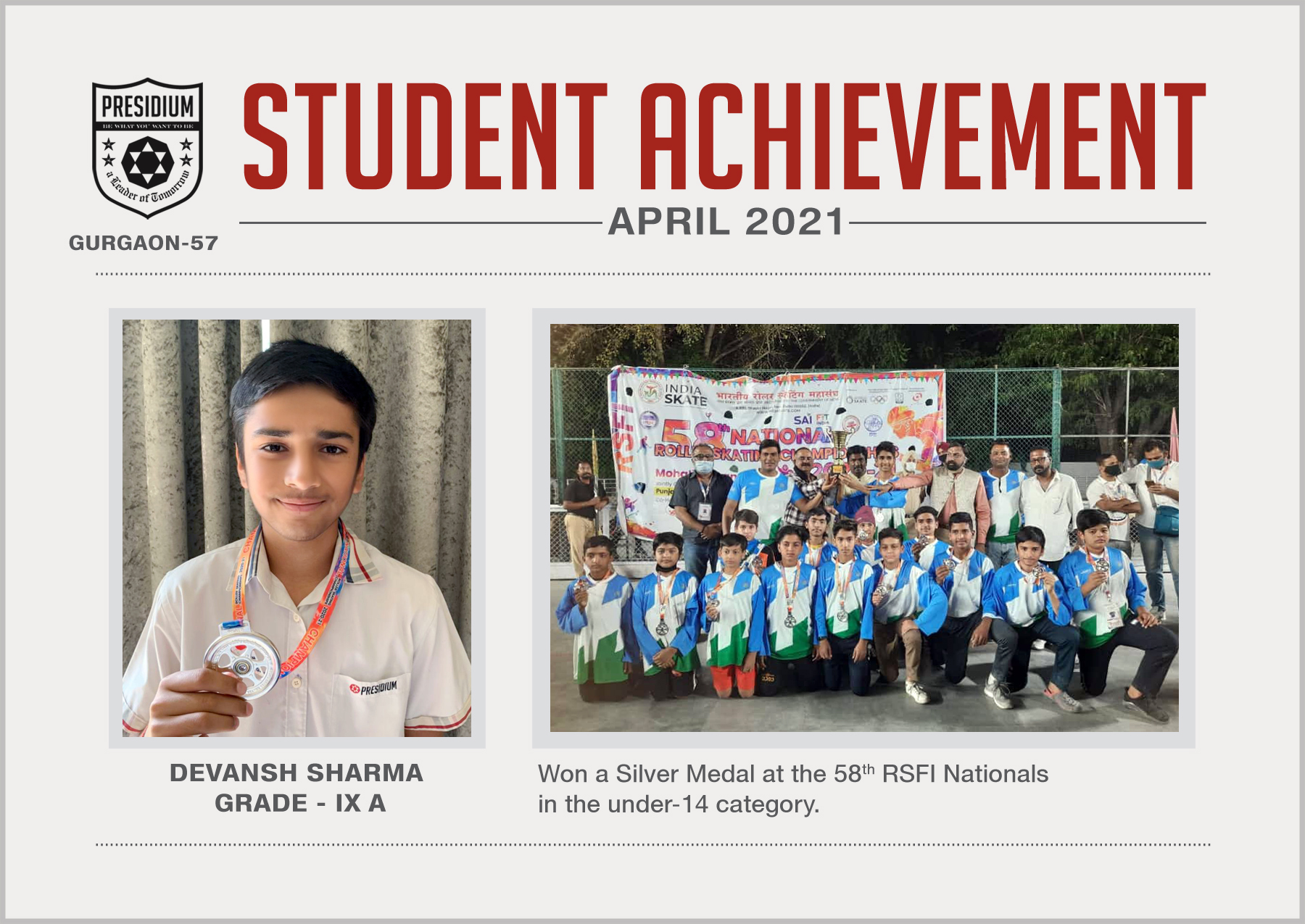 Presidium Gurgaon-57, DEVANSH SHARMA BAGS A SILVER MEDAL!