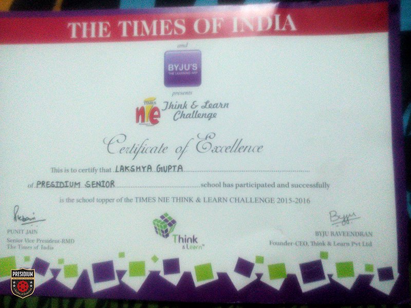 Presidium Gurgaon-57, PRESIDIAN WINS THE THINK AND LEARN ACTIVITY CONDUCTED BY NIE