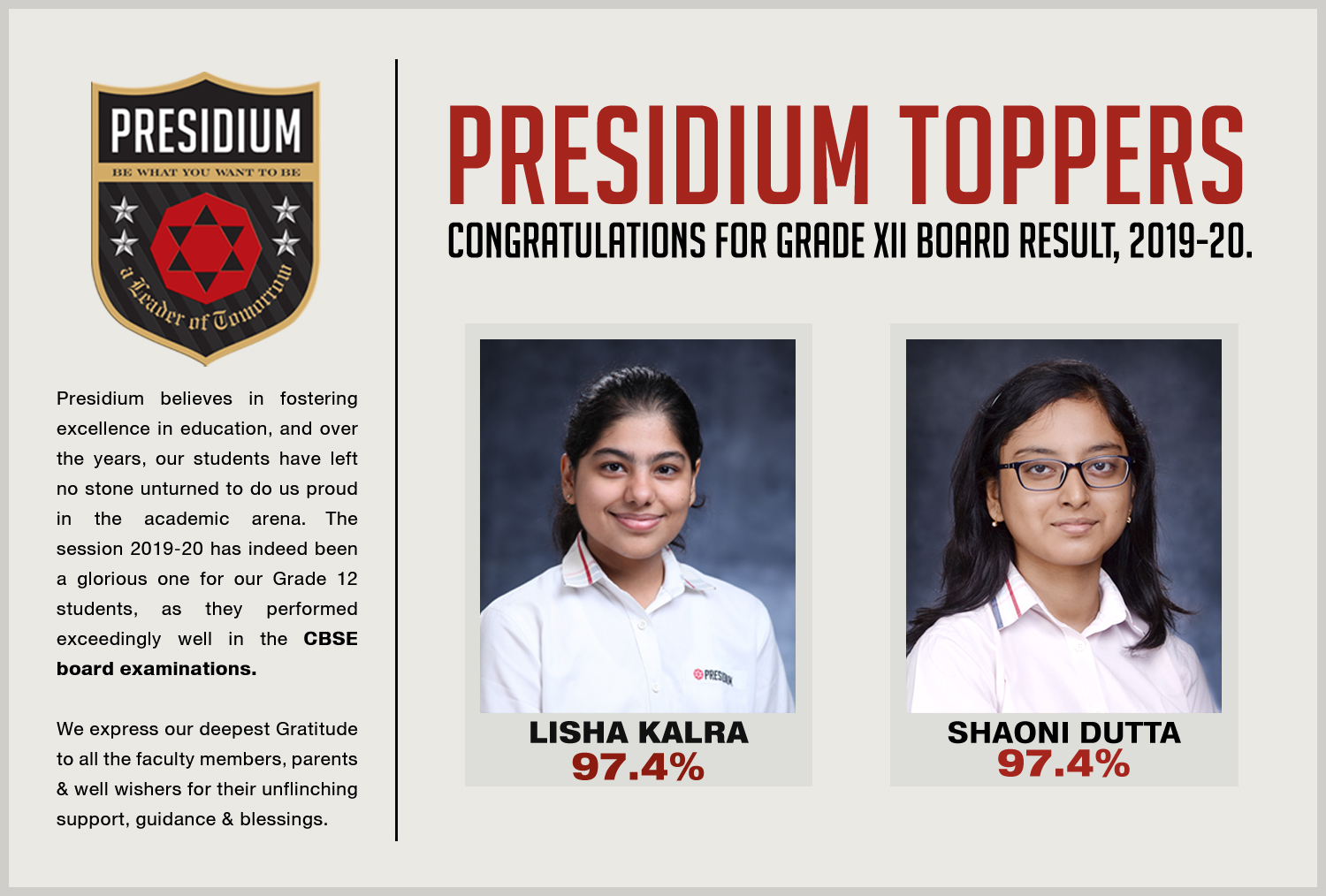 IMPECCABLE PERFORMANCE BY PRESIDIANS IN CBSE 12TH BOARDS(2019-20)