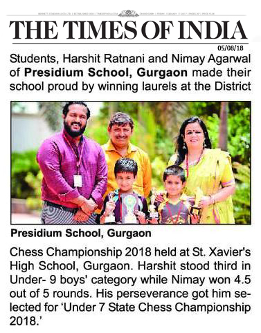 Presidium Gurgaon-57, TOI FEATURES PRESIDIANS' ACHIEVEMENT IN CHESS CHAMPIONSHIP 2018