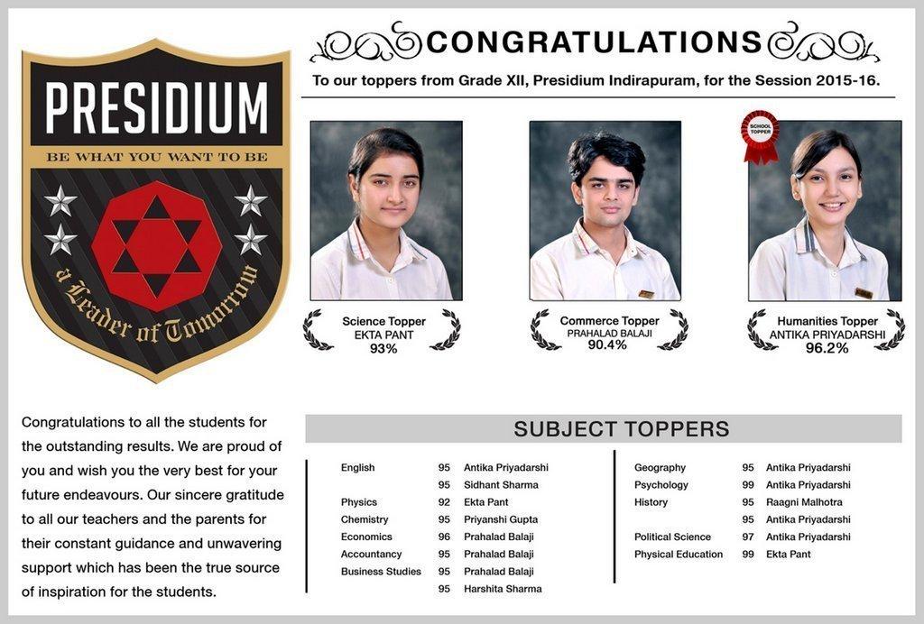 Presidium Indirapuram, PRESIDIANS OF INDIRAPURAM OUTSHINE THE REST IN GRADE XII BOARDS WITH FLYING COLORS