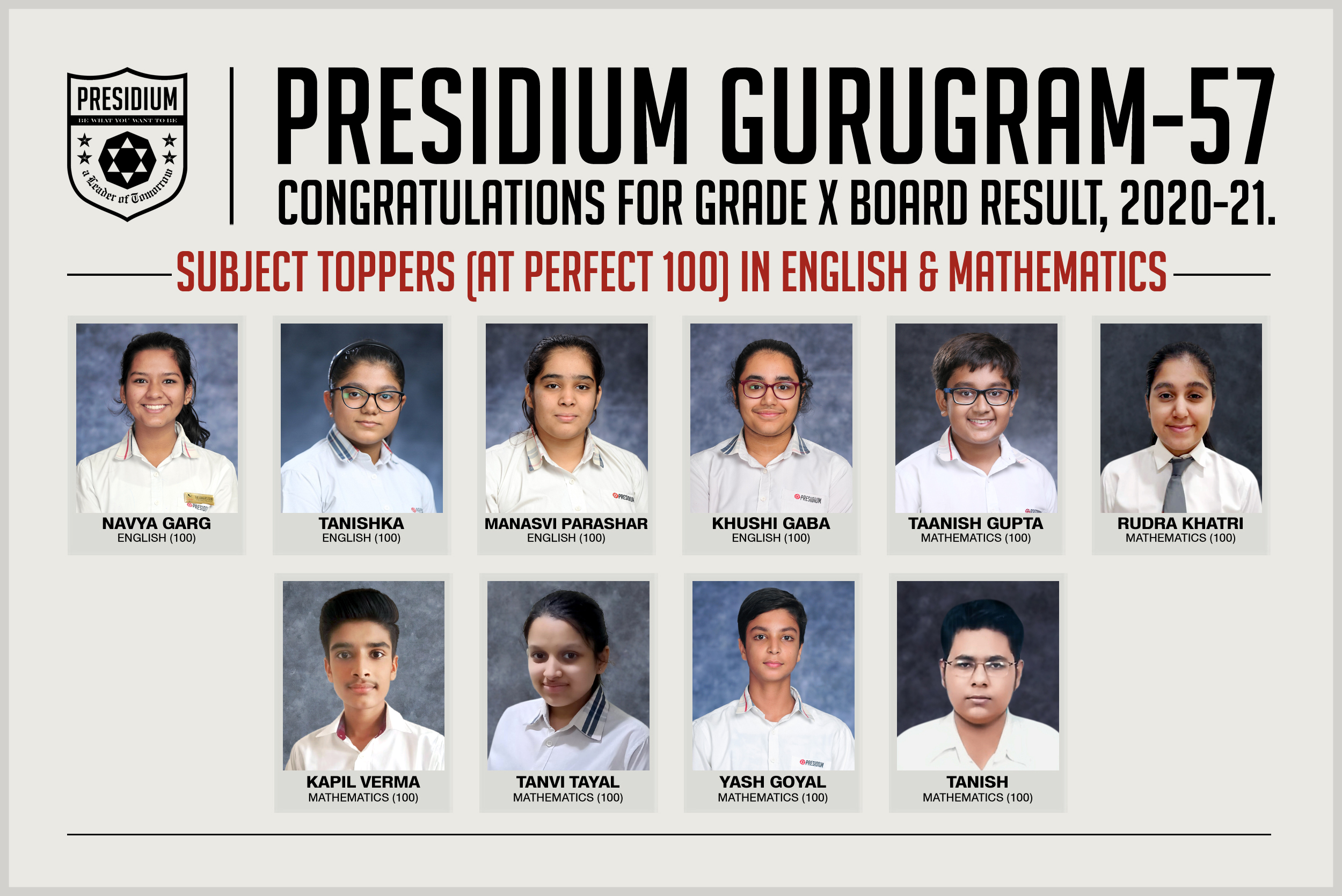 Presidium Gurgaon-57, KUDOS PRESIDIANS FOR EXCEPTIONAL XTH BOARD RESULTS (2020-21)