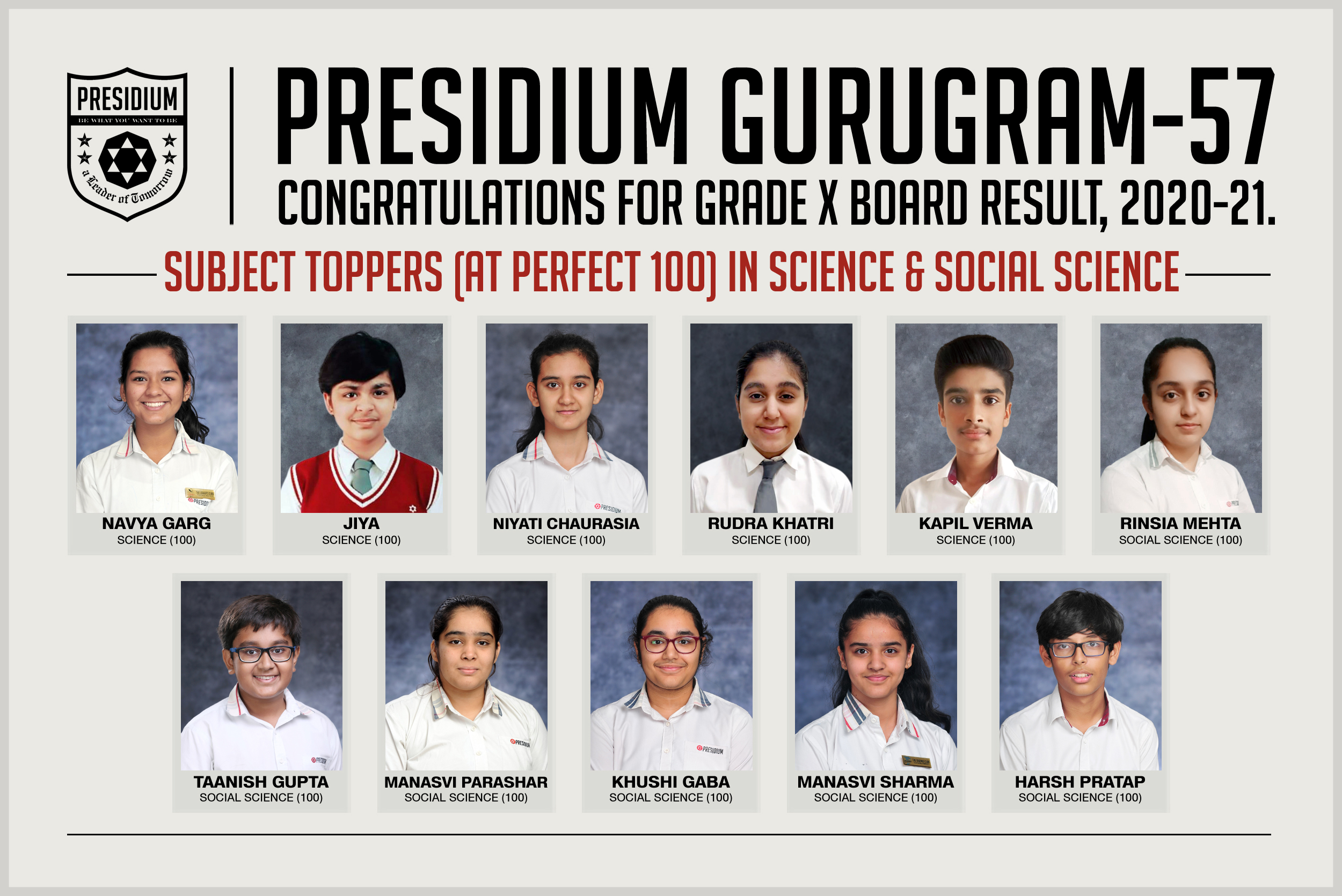 Presidium Gurgaon-57, KUDOS PRESIDIANS FOR EXCEPTIONAL XTH BOARD RESULTS (2020-21)