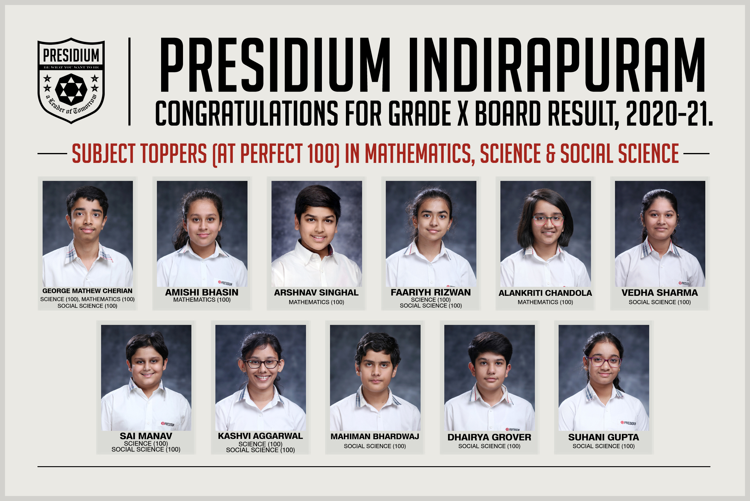 Presidium Indirapuram, CBSE GRADE X RESULTS(2020-21): PRESIDIANS ACE WITH PERFECT SCORES