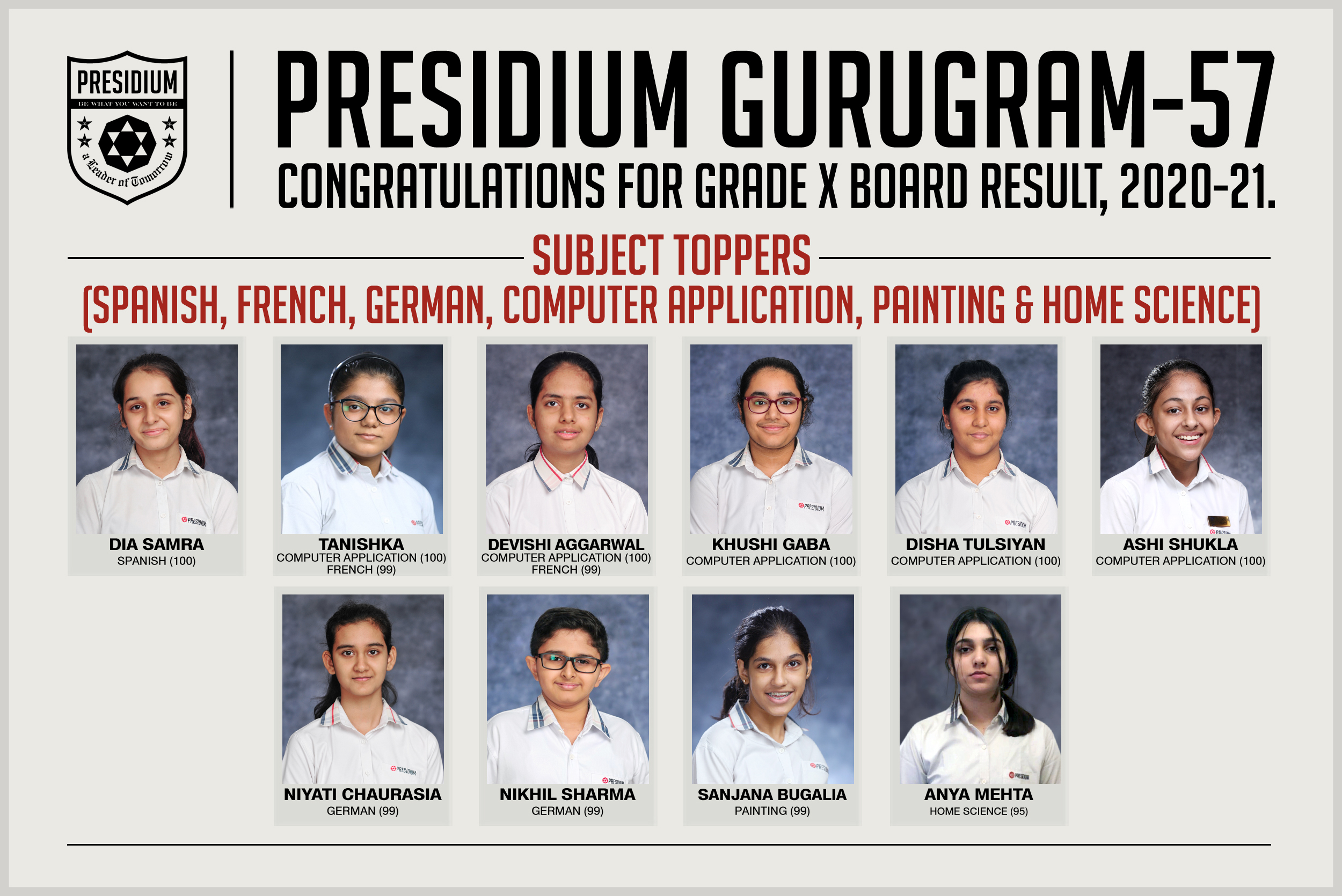 Presidium Gurgaon-57, KUDOS PRESIDIANS FOR EXCEPTIONAL XTH BOARD RESULTS (2020-21)